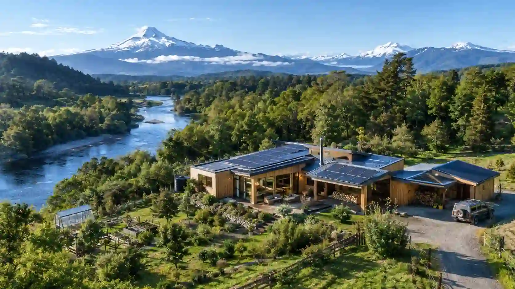 Turnkey relocation protocol to South America showing modern mass timber homestead in Southern Chile
