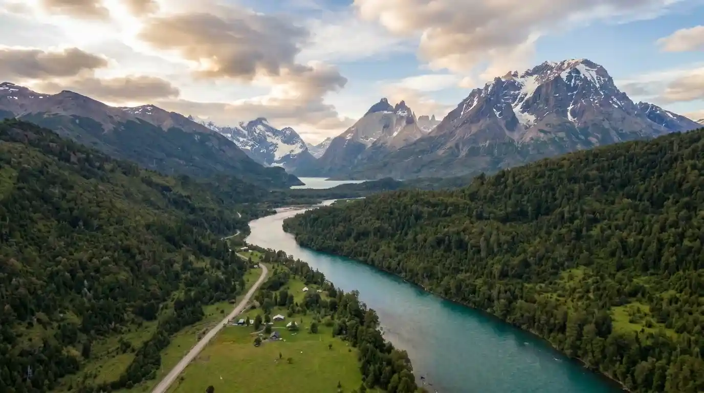 Southern Chile landscape in Los Rios showing pristine water and mountain buffer
